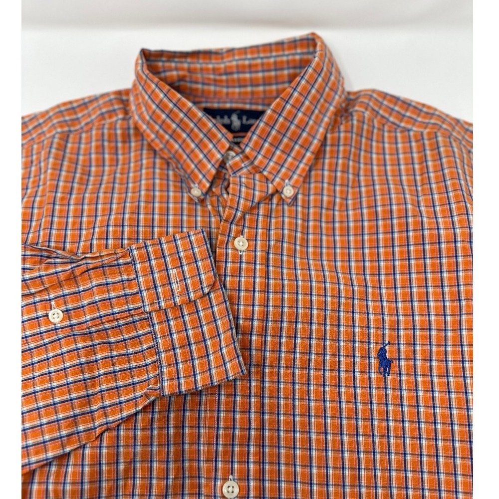 Ralph Lauren Mens Large‎ Orange/Blue Plaid Classic Fit Long Sleeve Button Shirt